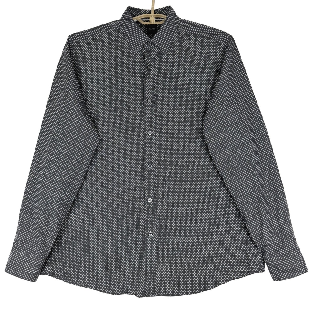 Hugo Boss Lukas Shirt Mens Large Regular Fit Gray Geometric Print Long Sleeve